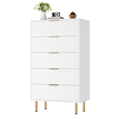 Commode 5 tiroirs cannelée pour chambre à coucher, commode moderne avec poignée dorée