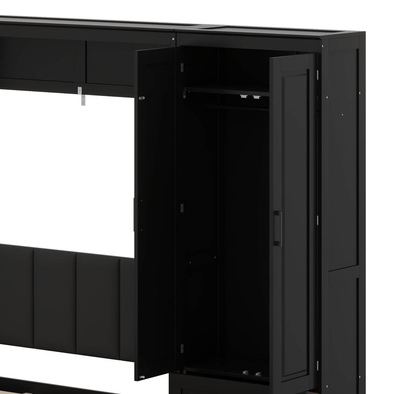 Grand lit escamotable avec tiroirs de rangement et garde-robe, armoire de lit escamotable compacte avec tête de lit tapissier