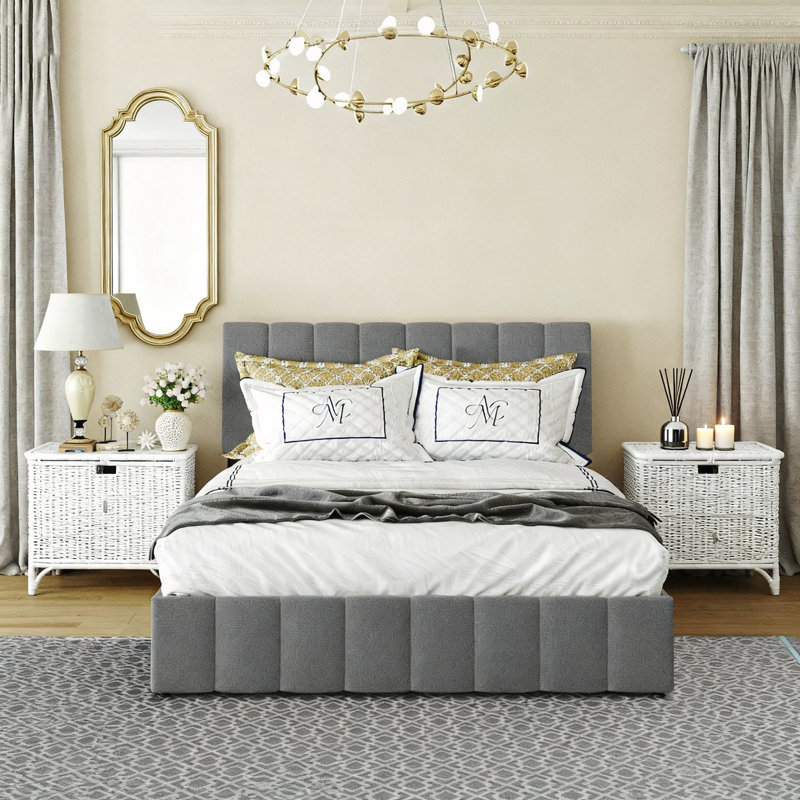 Grand lit plateforme tapissier, gris