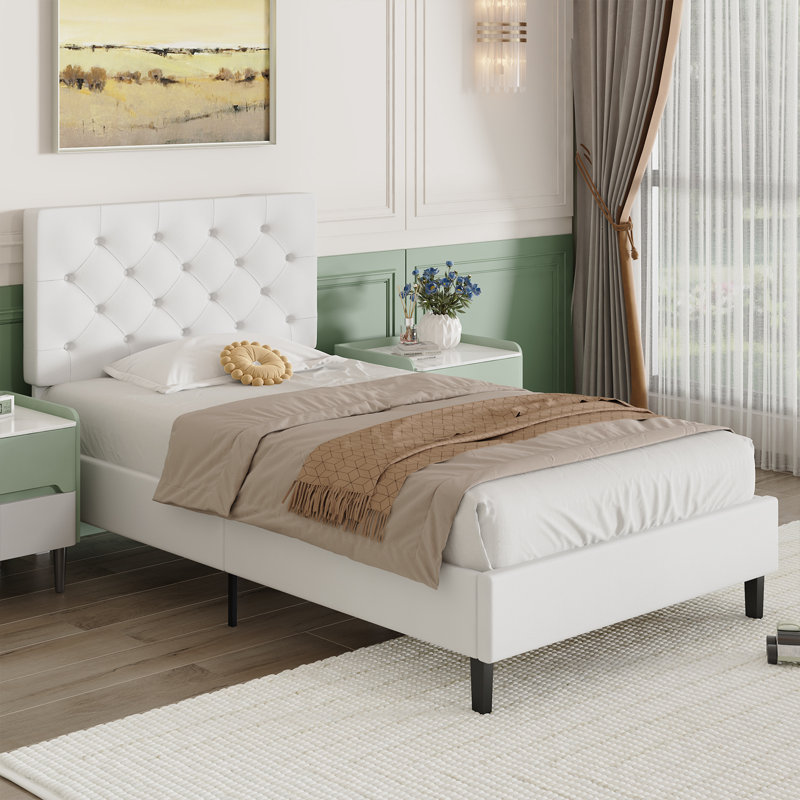 Structure de lit avec tête de lit, lit plateforme tapissier avec capitonnage à boutons Desigh, Lit simple, Blanc