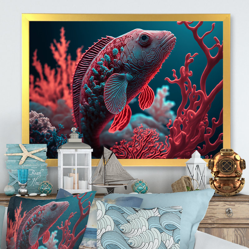 «Lafreniere Tropical Fish» en bleu et rouge en V - reproduction sur toile, Impression dorée sur toile encadrée