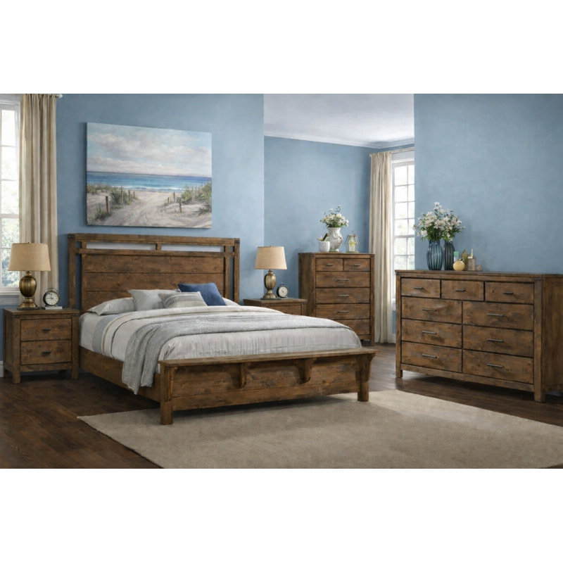 Ensemble de chambre à coucher à panneau rustique avec finition brune, Grand lit, 5 pièces