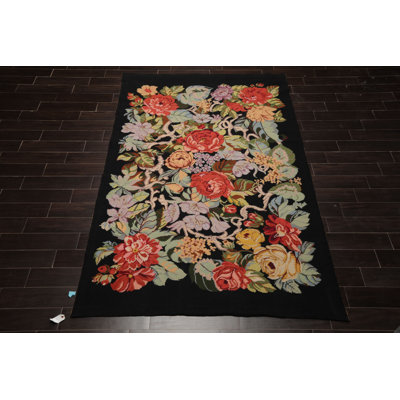 6x9 Hand Woven Wool Black Needlepoint Traditional Rug