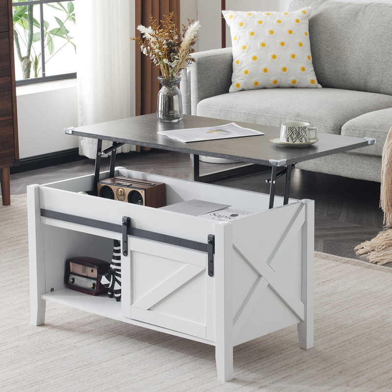Table basse avec plateau relevable et rangement, Blanc, Gris
