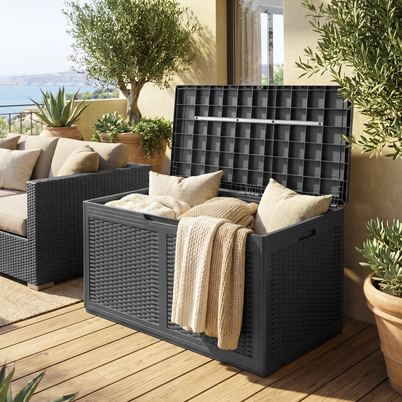 Boîte de rangement extérieure en résine 100 gallons avec couvercle verrouillable et couvercle verrouillable, Gris