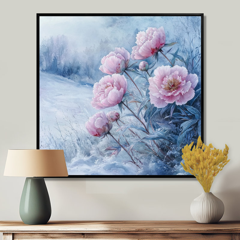 Pivoines dans le champ couvert de givre II - pivoines, art mural, Impression encadrée flottante, Noir, noir, noir, noir