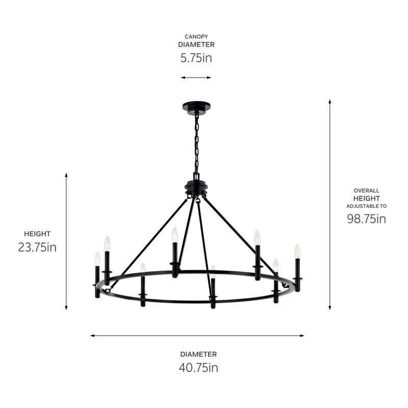 Steel Dimmable Chandelier, Satin Black, 23.75" H x 40.75" W x 40.75" D, 8