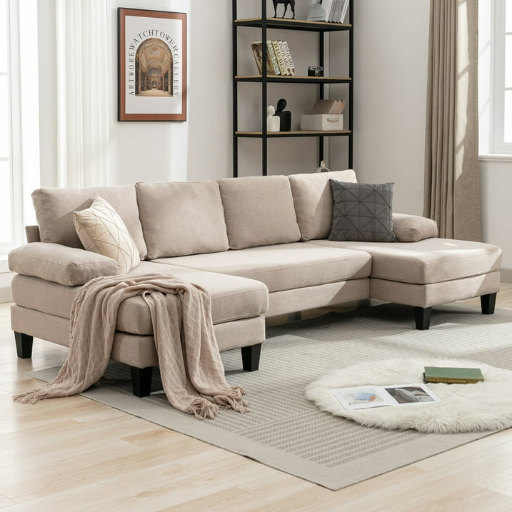 Rachual Upholstered U-Shaped Sectional Symmetrical, Beige Linen