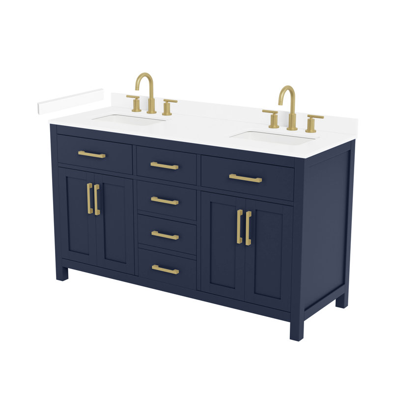 Ensemble de meuble-lavabo double 60 po Beckett, Dark Blue with Brushed Gold Trim, White Cultured Marble Counter