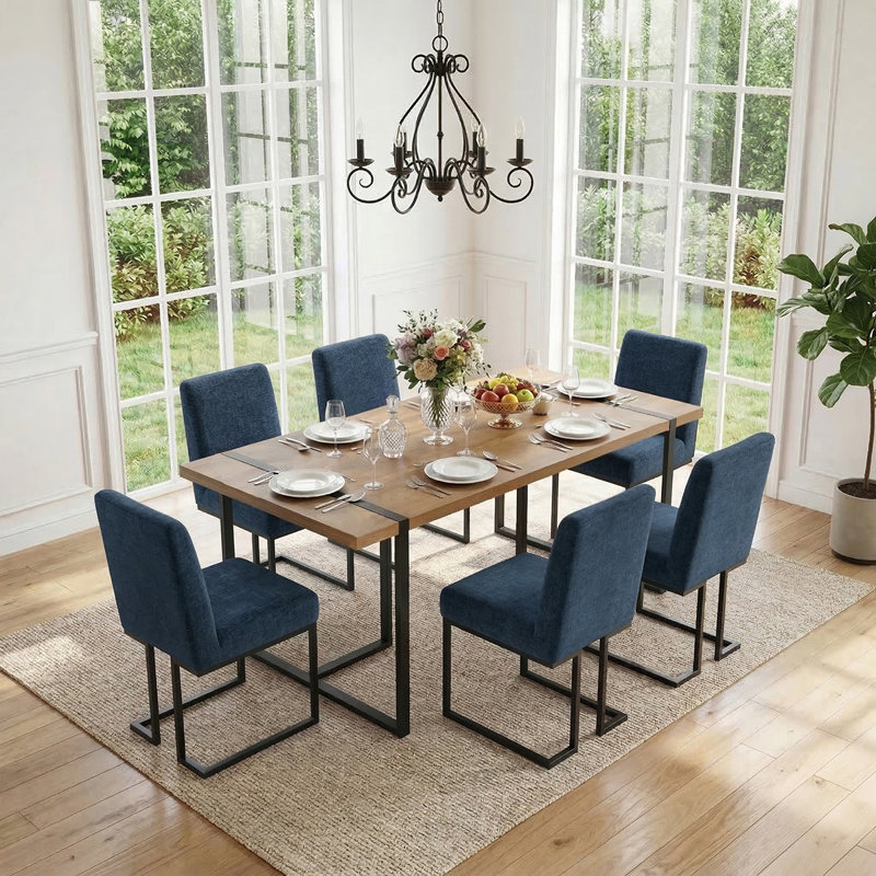 Ensemble de table à manger rectangulaire 7 pièces pour 6 personnes avec chaises rembourrées, Bleu