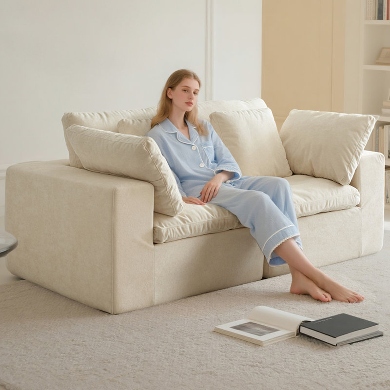 Canapé en velours côtelé modulaire à 2 places avec fonction couchette dans un style moderne pour la chambre à coucher et le salon, blanc beige, éponge haute densité, emballage quadruple minimaliste sans déformation