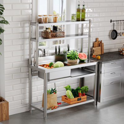 45"x20"x58.7" Stainless Steel Sink with Worktop, 2-Tier Shelf, Utility Prep Station with Single Bowl, Storage Rack & Knife Slot, Freestanding Stainless Steel Sink for Kitchen or Laundry Room