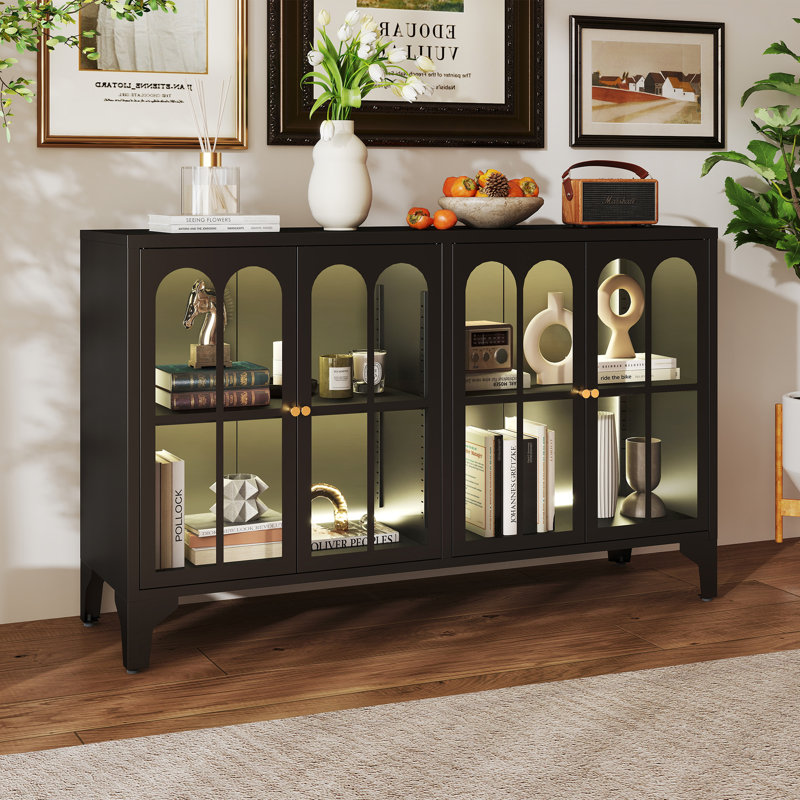 53.2" W Metal Sideboard Buffet Cabinet With Glass Door, Adjustable Shelves, COB LED Light, Black