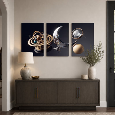 Brass Armillary Sphere and Silver Crescent Moon Set Of 3 Canvas Wall Art