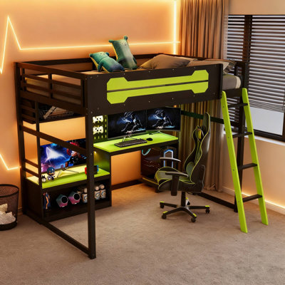 Full Size Loft Bed With Computer Desk, Storage Bookcase Shleves And Lights, Power Outlets