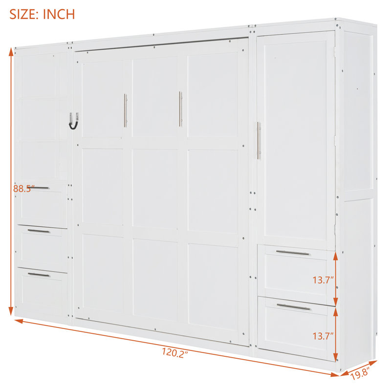 Grand lit escamotable mural avec placard, tiroirs et tablettes - Grand lit de rangement, blanc, Blanc