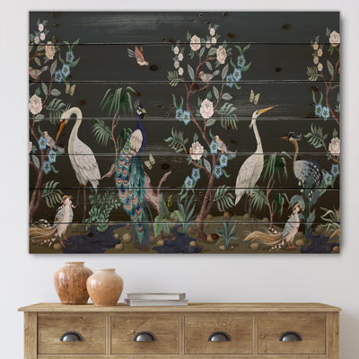 Chinoiserie avec oiseaux et pivoines IV - Impression traditionnelle sur bois de pin naturel
