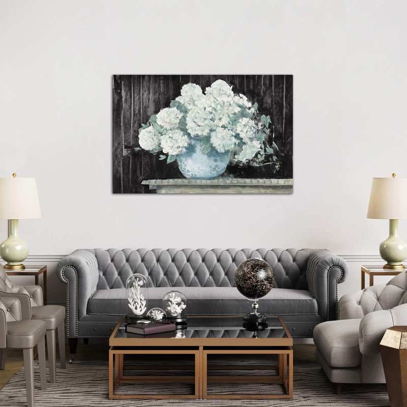 White Hydrangea On Black Crop - Painting on Canvas, 152.5 cm H x 101.5 cm W x 3.175 cm D, Wrapped Canvas