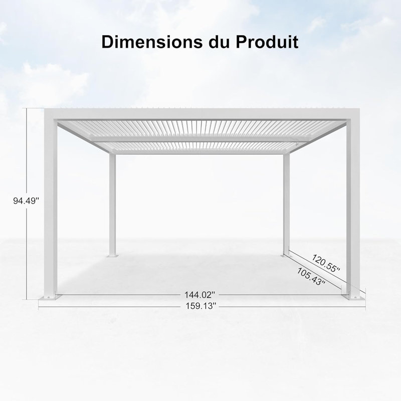 Pergola à persiennes d'extérieur en aluminium blanc pergla moderne 10 pi x 13 pi avec guirlandes de lumières