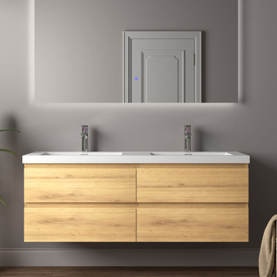 60" Double A.Oak Bathroom Vanity Wall-mounted Floating vanities with Gloss White Resin Stone Top,4 Drawers Modern