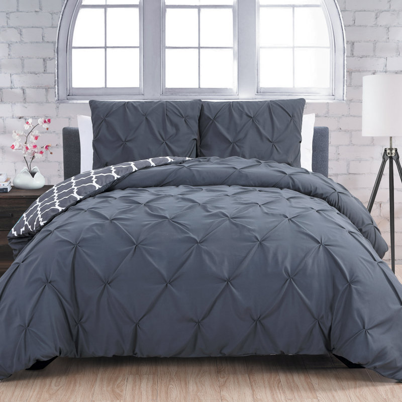  Ensemble de housse de couette réversible traditionnelle en microfibre de trois articles, Anthracite