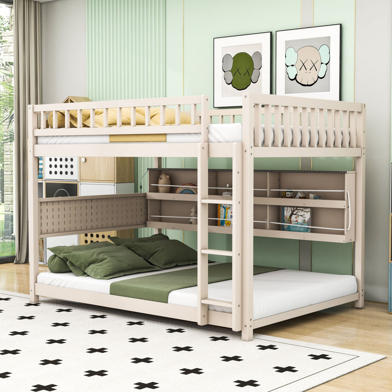 Lit superposé en bois avec tablettes, éclairage DEL et rangement perforé, Beige, Lit superposé double sur double