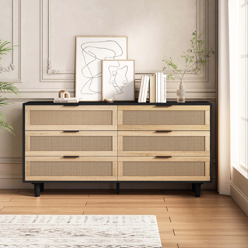 Ayanna 6 Drawer Rattan Storage Dresser, Black, Black, 29.72" H x 59.06" W x 15.75" D
