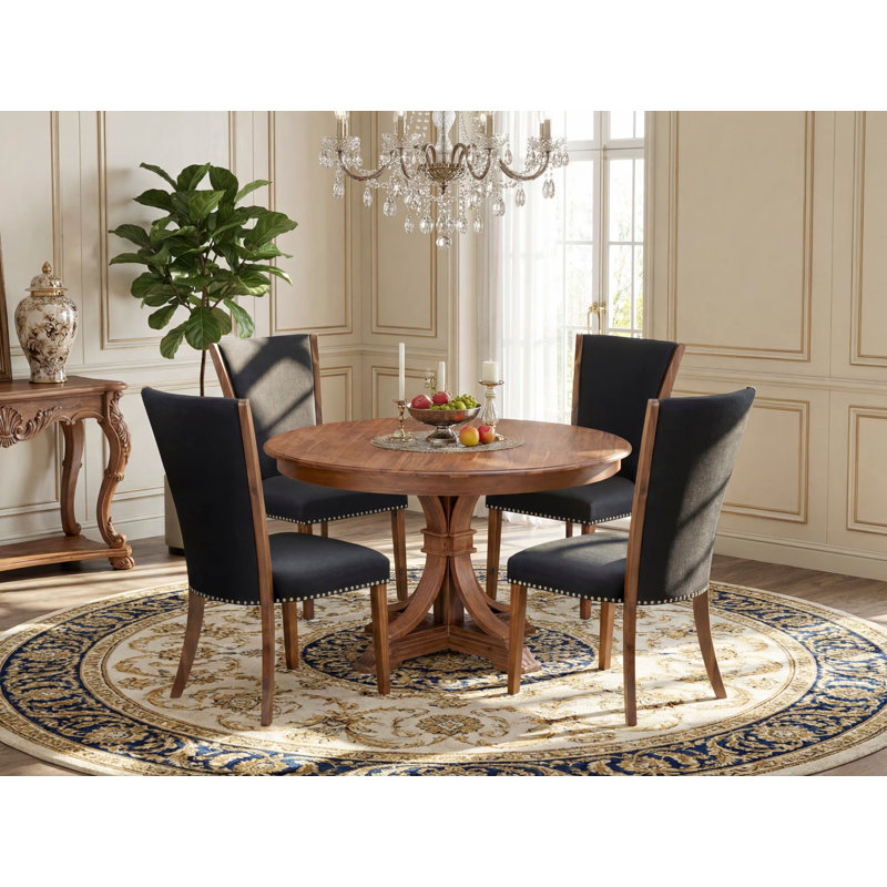 Ensemble de table à manger 5 pièces pour 4 tables rondes avec piédestal et 4 chaises rembourrées en lin noir, noyer antique
