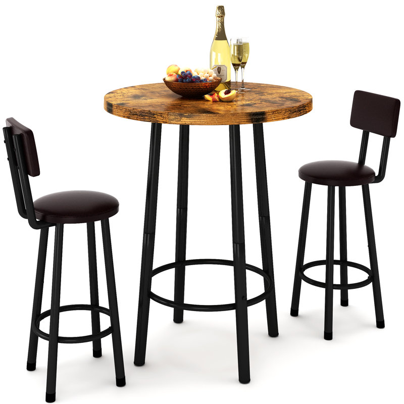 Ensemble de table de bar et tabourets 3 pièces, table ronde de style pub/bistro avec 2 tabourets de bar avec dossier, mobilier de salle à manger haut de style vintage pour cuisine, appartement, bar à domicile