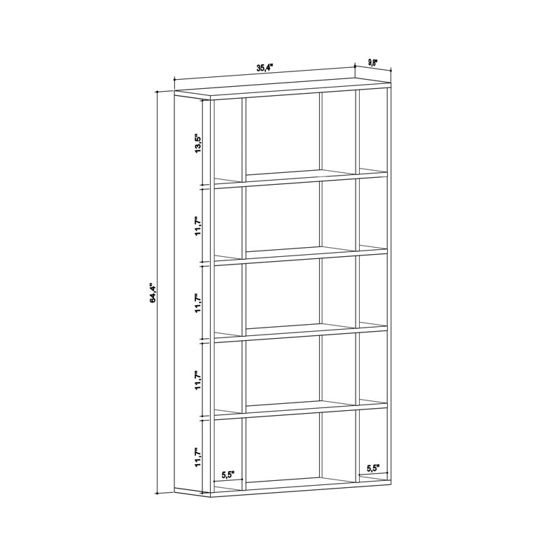 Scandinavian Style Bookshelf, Anthracite Color, 35.4 x 9.8 x 64.4 inches | 100% Melamine Coated Particle Board, Thickness: 0.7 inches | Numerous Shelves, Wall-Mountable Design | Perfect for Home or School Use