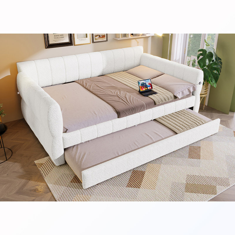 Queen Size Upholstered Daybed with USB Port, White