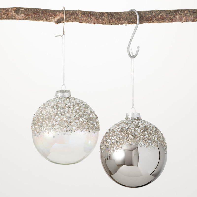 4"H Glitter Ball Ornaments; Silver Christmas Ornaments