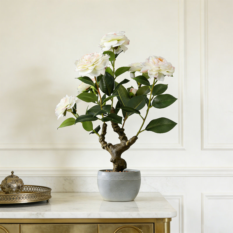20" Artificial Camellia Tree With Realistic Flowers, Faux Bonsai Tree In Decorative Pot, 21" x 8"