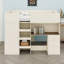 Structure de lit en bois avec garde-robe intégrée, bureau, tablettes de rangement et tiroirs-131273575