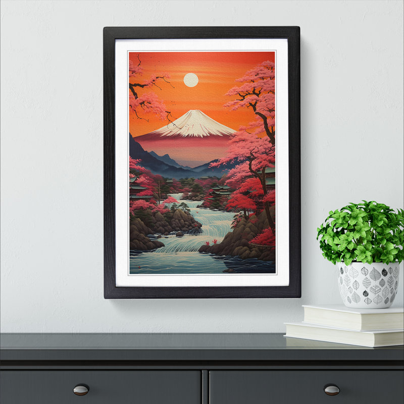 Japanese Sunset Contemporary - Single Picture Frame Print on Wood, 46cm H x 34cm W x 2cm D, Black Framed