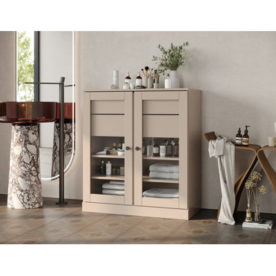 Armoire de rangement pour salle de bain 100% bois massif Palace Imports, portes en verre transparent, 2 tiroirs, tablettes réglables, largeur 32 po, hauteur 35,75 po