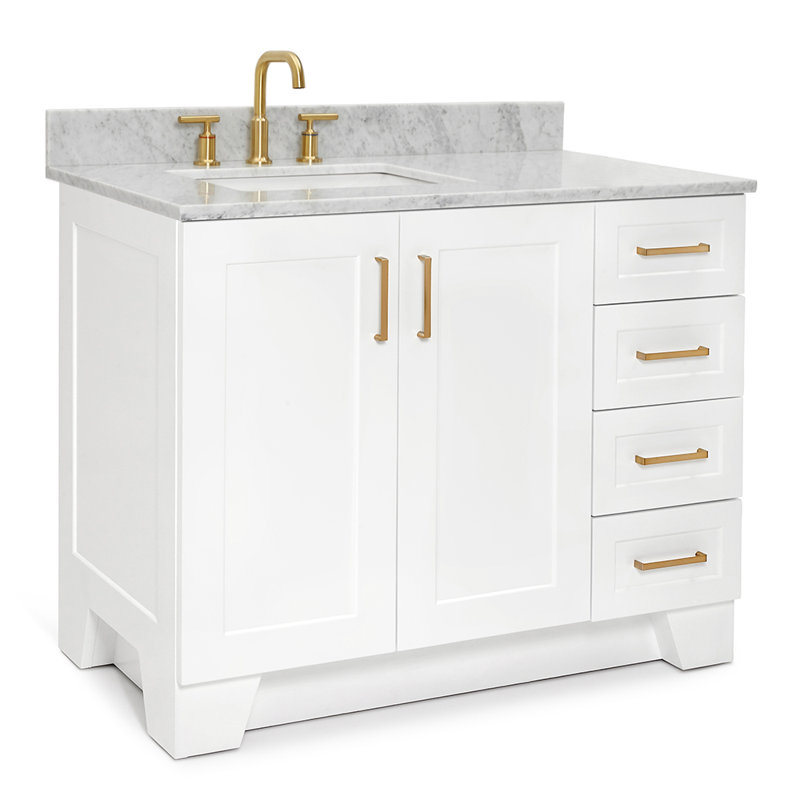 Freitas 43'' Solid Wood Single Bathroom Vanity in White with 0.75'' Carrara Marble Top, Left Offset, Rectangle Sink, Left