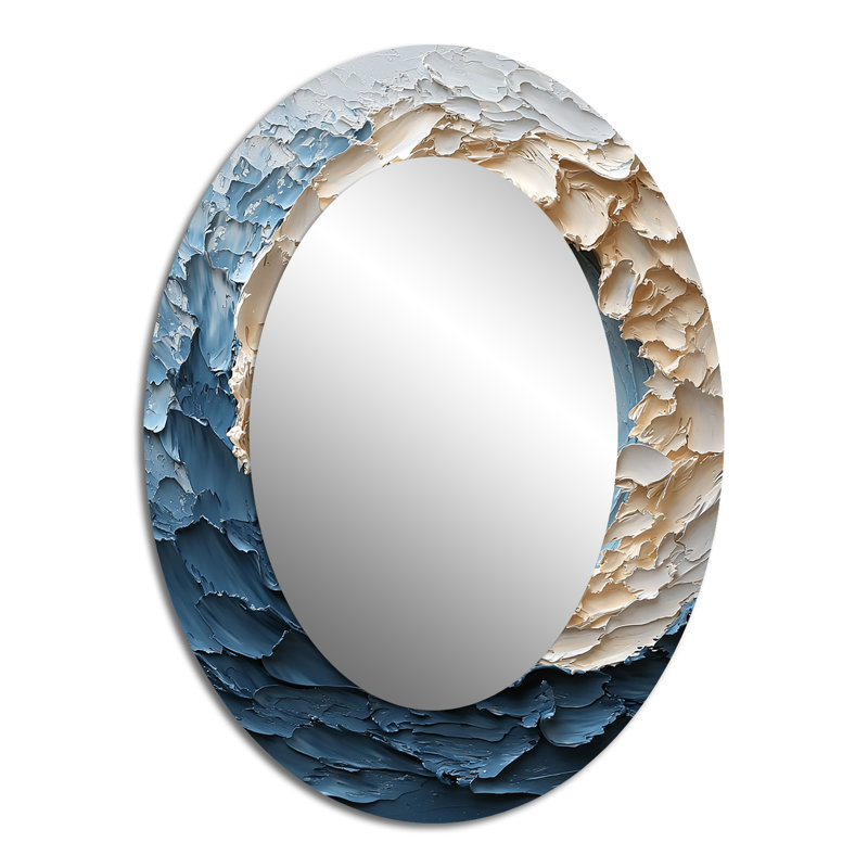 White Oceanic Vortex Accented With Blue I - Large Oval Wall Mirror On Metal, 40" x 30"