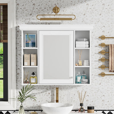 35'' x 28'' Wall Mounted Bathroom Storage Cabinet with Mirror Door, Modern Bathroom Wall Cabinet with Mirror, Medicine Cabinet with 6 Open Shelves