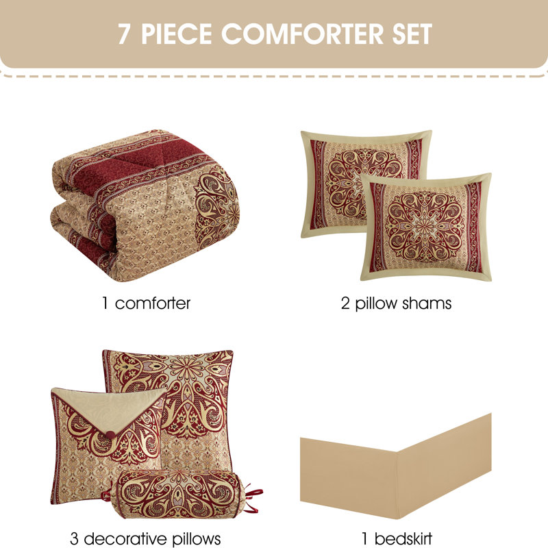 Myhand Microfiber 7 Piece Comforter Set, Queen Comforter + 6 Additional Pieces, Wine/Gold