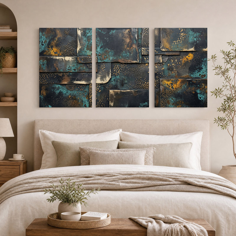 Ensemble de 3 toiles murales à l'aspect métal vieilli, couleurs turquoise et rouille, 36"H x 24"W x 3pcs