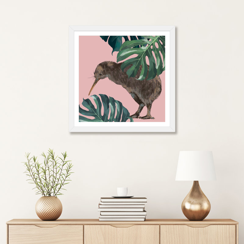 Kiwi oiseau avec monstera art, H 24 po x l 24 po x P 1 po, Papier avec cadre blanc