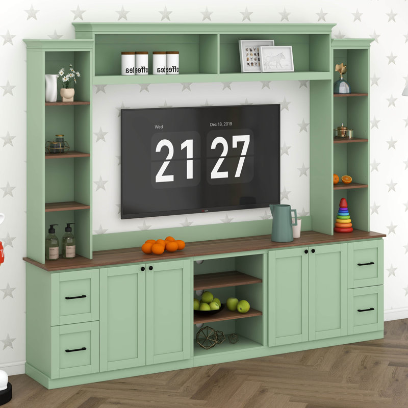 Meuble télé 4 en 1 avec bibliothèque, tablettes réglables et tiroirs Farmhouse, Mint Green