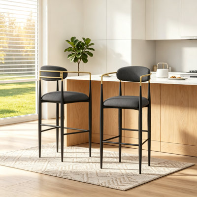 Ensemble de 2 tabourets de bar élégants, revêtus de tissu gris et de pieds en fer pour îlots de cuisine, capacité de poids de 260 lb