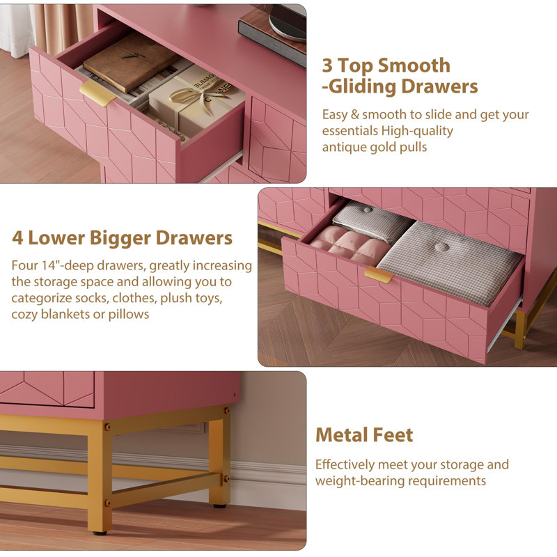 135.9 cm W Chest of 7 Drawers, Pink