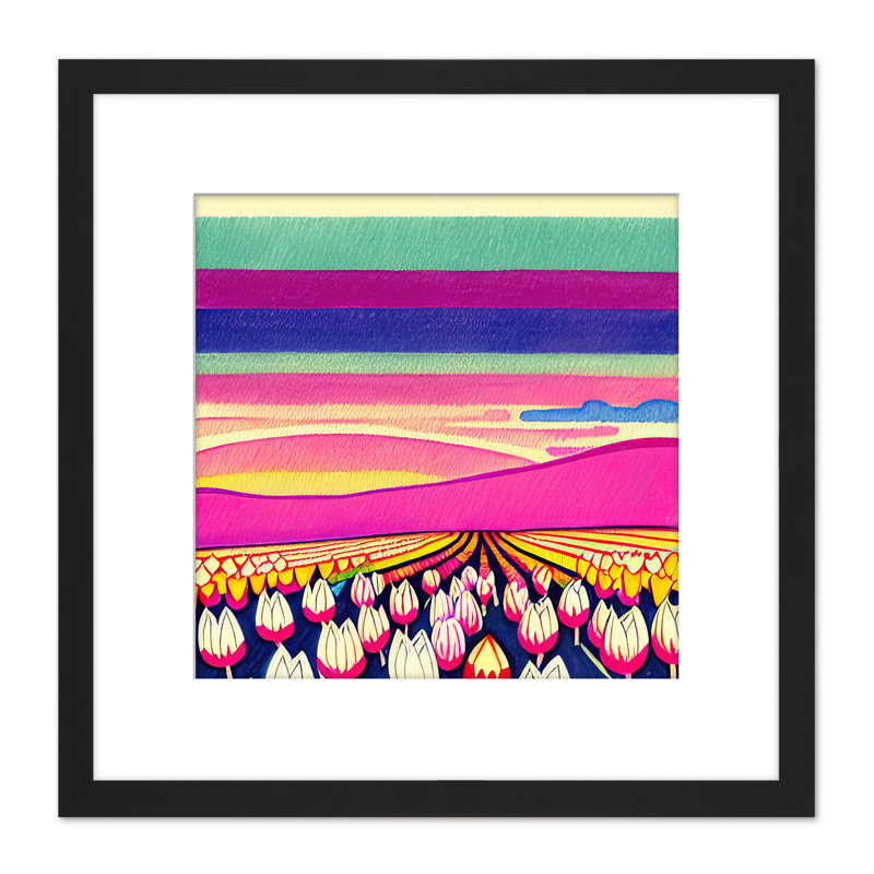 Sunset Over Tulip Flower Fields Watercolour - Single Picture Frame Painting