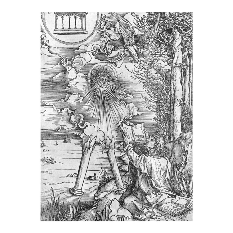 Scène de l'Apocalypse Saint-Jean dévorant le livre, édition Latine par Albrecht Dürer - Estampe numérique, H 20 po x l 16 po