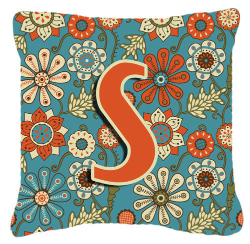 Lettre fleurs Monogram rétro intérieur/extérieur Throw Pillow, 14" H x 14" L x 4" D, S