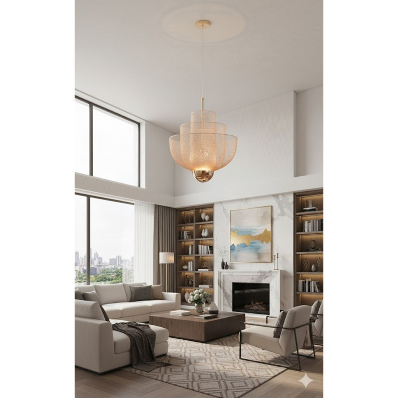 Transitional Gold LED 3 Tier Mesh Chandelier