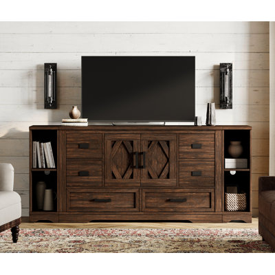 Glenford 73.5" Wide Wood Barn Door Accent Cabinet With 6 Drawers And Open Storage Shelf